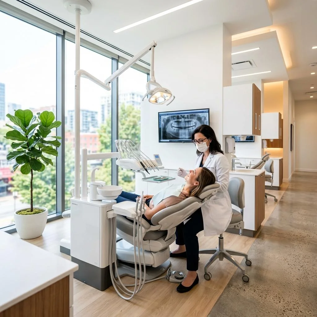 Dentist with a patient in a bright, modern dental office