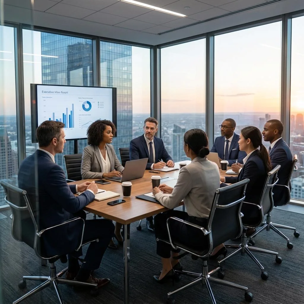 Team meeting in a high-rise conference room